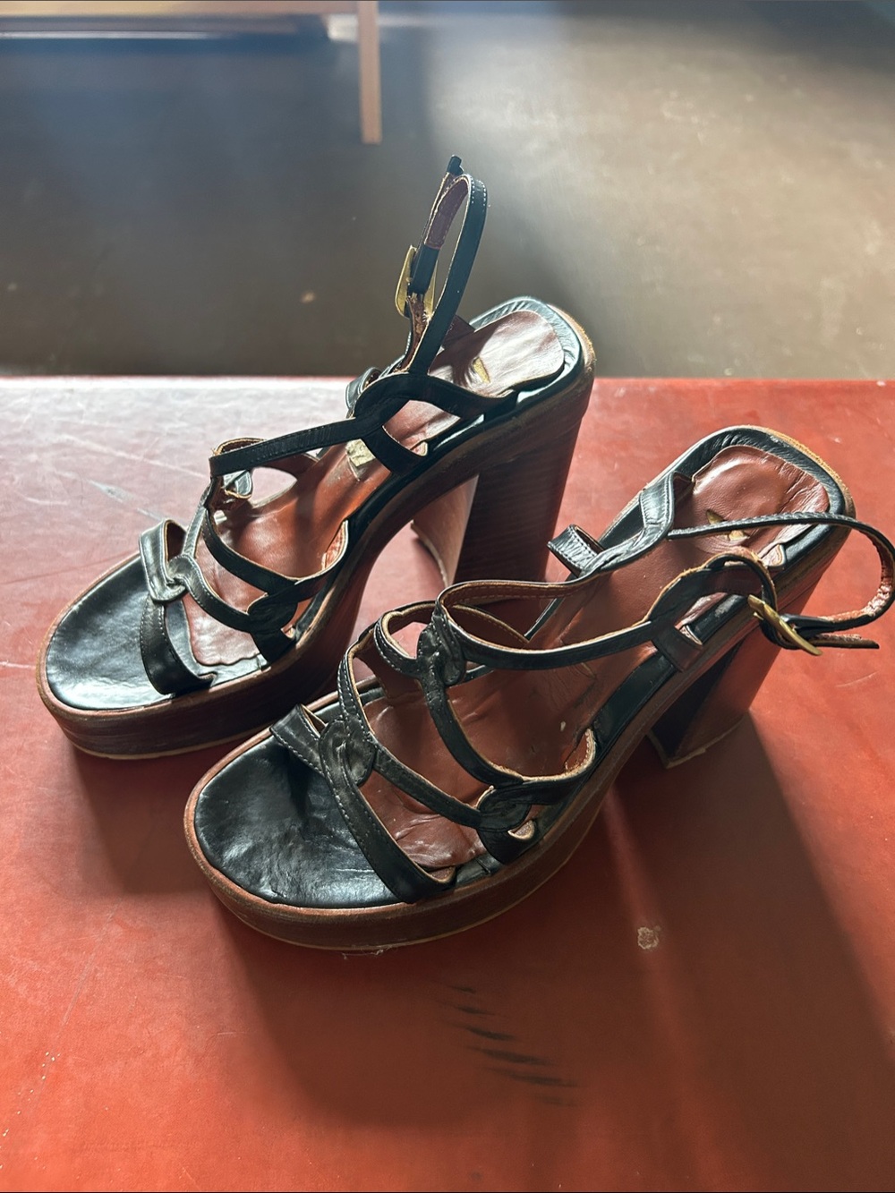 Black Leather Strappy Platform Block Heel Sandals made in Spain